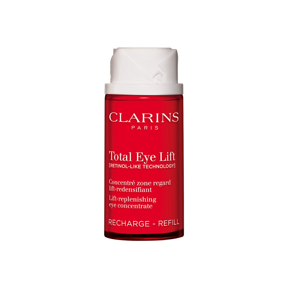 Packshot of Clarins Total Eye Lift anti-aging eye cream refill packaging on a dark red background, highlighting its sustainable refillable design