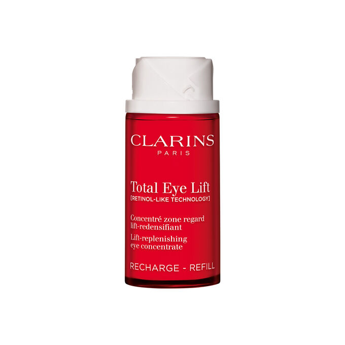 Packshot of Clarins Total Eye Lift anti-aging eye cream refill packaging on a dark red background, highlighting its sustainable refillable design