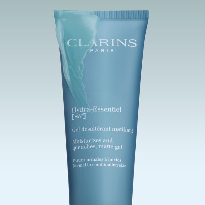 Image shows Clarins Hydra-Essentiel Matte Gel, a daytime face gel enriched with hyaluronic acid that hydrates and mattifies.
