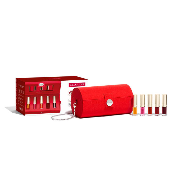 Showcase of the Lip Oil pouch in red fabric, featuring 5 travel-sized shades.