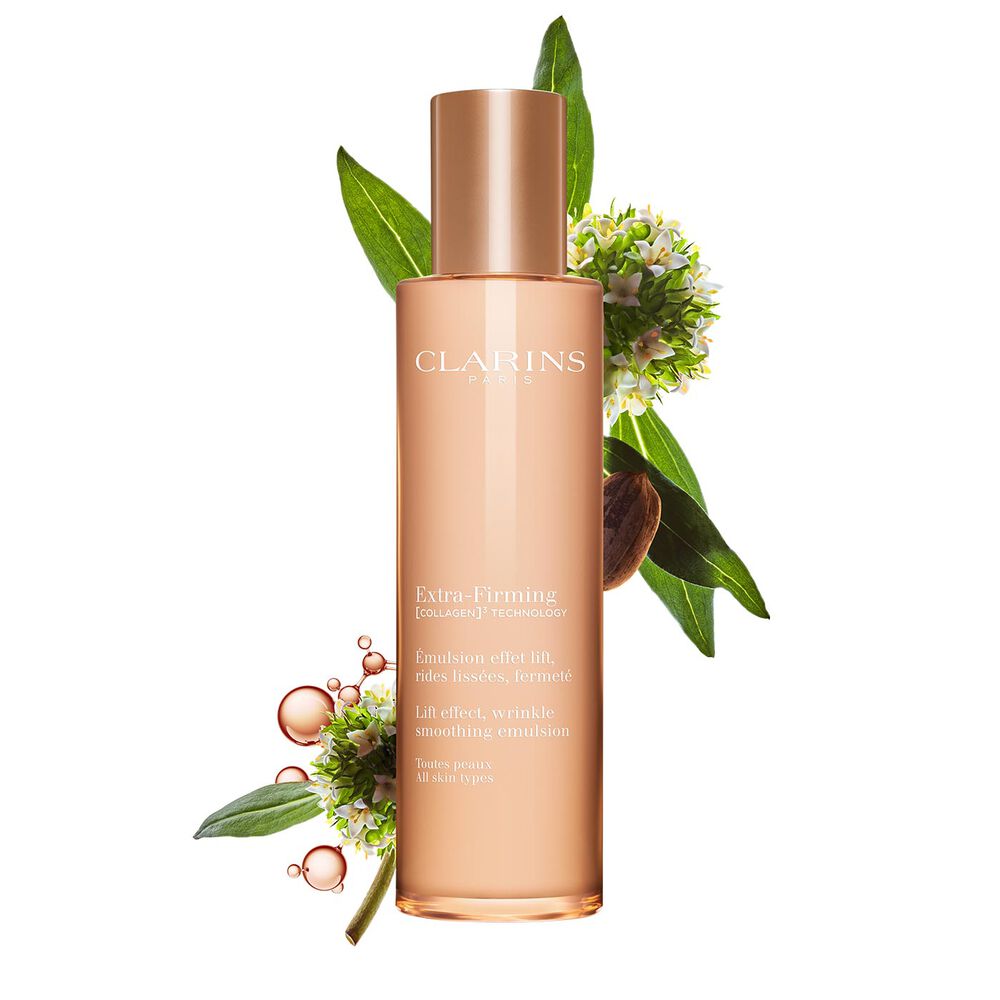 Packshot of Clarins Extra Firming Emulsion for all skin types, alongside mitracarpus plant, pecan seed, and collagen molecule