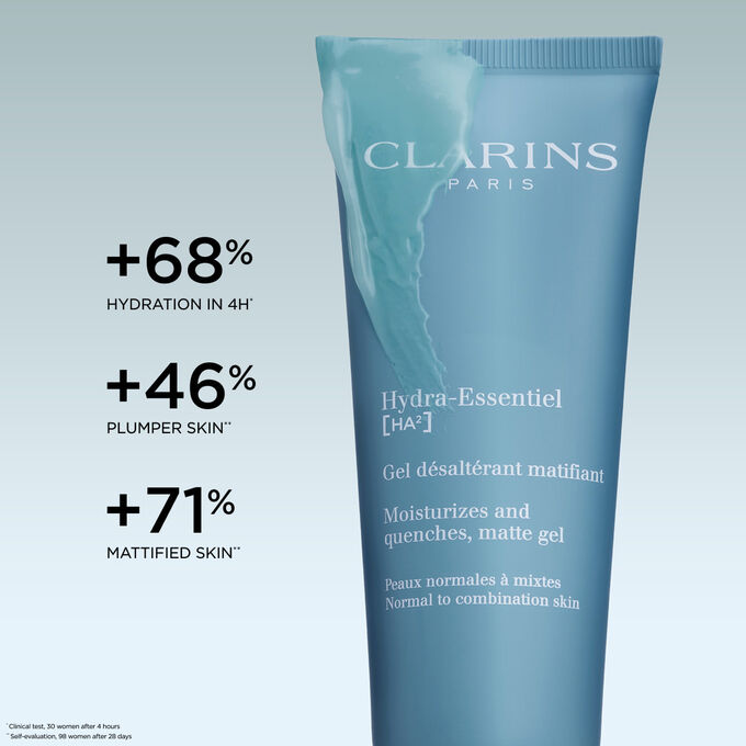 Image shows Clarins Hydra-Essentiel Matte Gel, a daytime face gel enriched with hyaluronic acid that hydrates and mattifies.