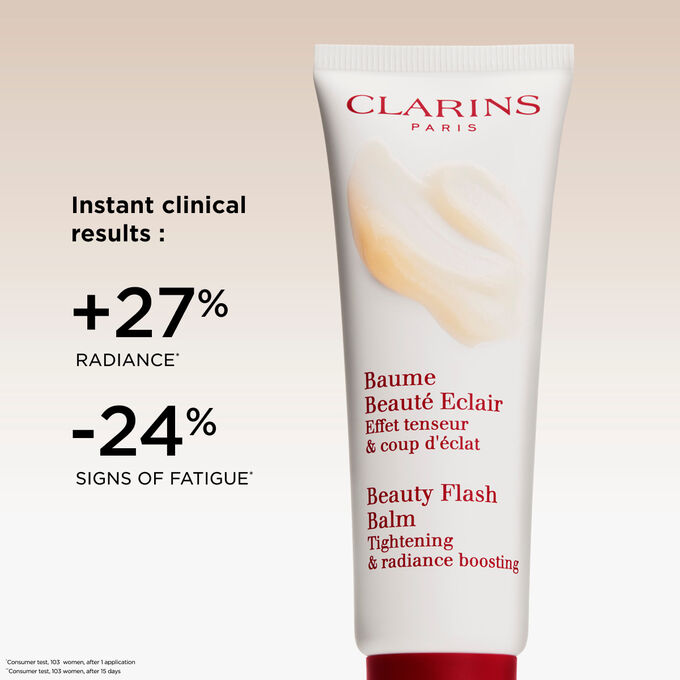 Packshot of Clarins Beauty Flash Balm on a textured background, highlighting its nourishing power for tired skin.