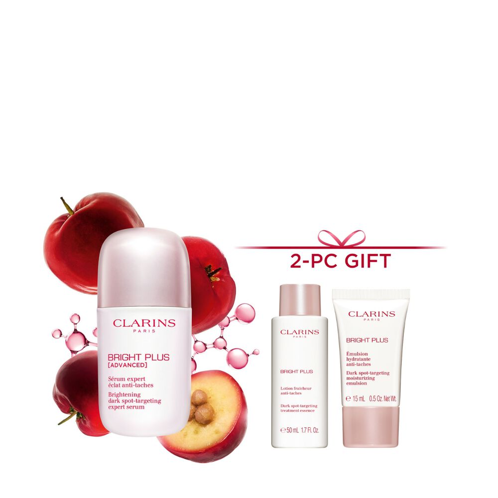 Packshot of Clarins Brightening Vitamin C-Derived Serum placed beside acerola fruits and a niacinamide molecule.