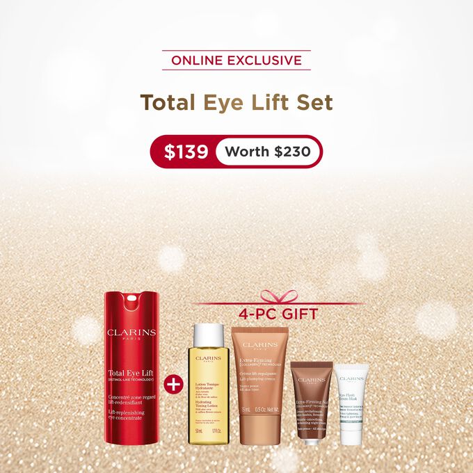 Packshot of Clarins Total Eye Lift anti-aging eye cream with harungana leaves on a dark red background.