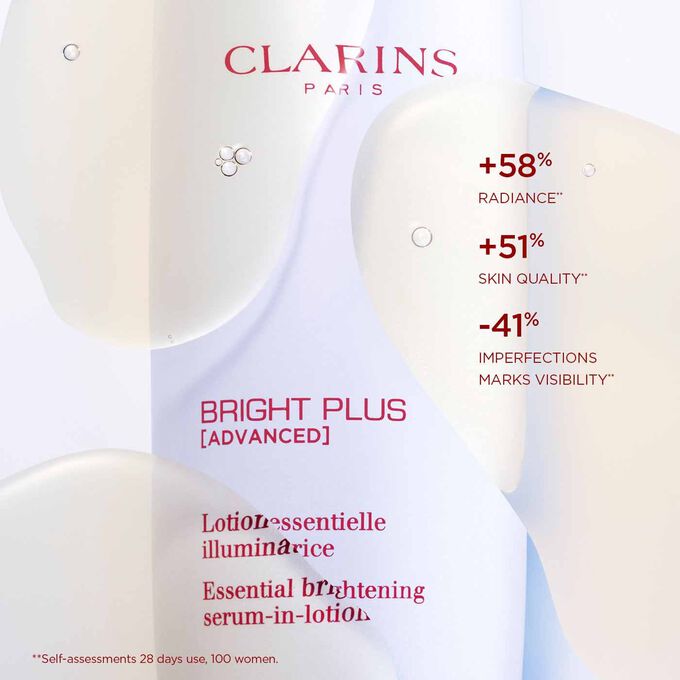 Close-up of Bright Plus Serum-in-Lotion with text highlighting its effects: enhancing radiance, improving skin quality, and reducing spots.