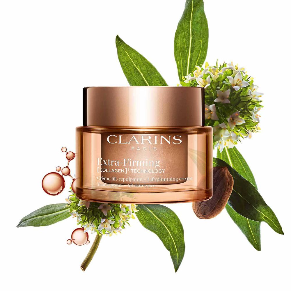 Packshot of Clarins Extra Firming  Cream for all skin types, alongside mitracarpus plant, pecan seed, and collagen molecule