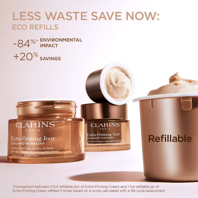 Focus on the Extra Firming Day Cream packaging to illustrate that refillable day cream is a sustainable and economical option.