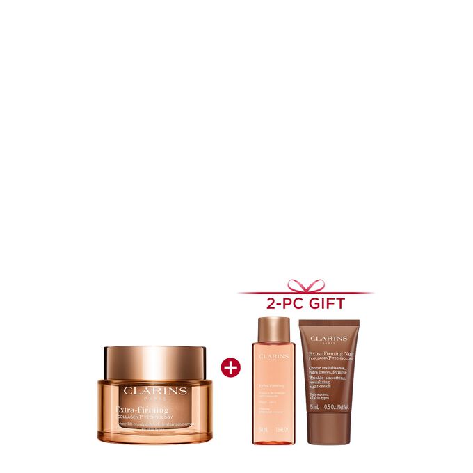 Packshot of Clarins Extra Firming  Cream for all skin types, alongside mitracarpus plant, pecan seed, and collagen molecule