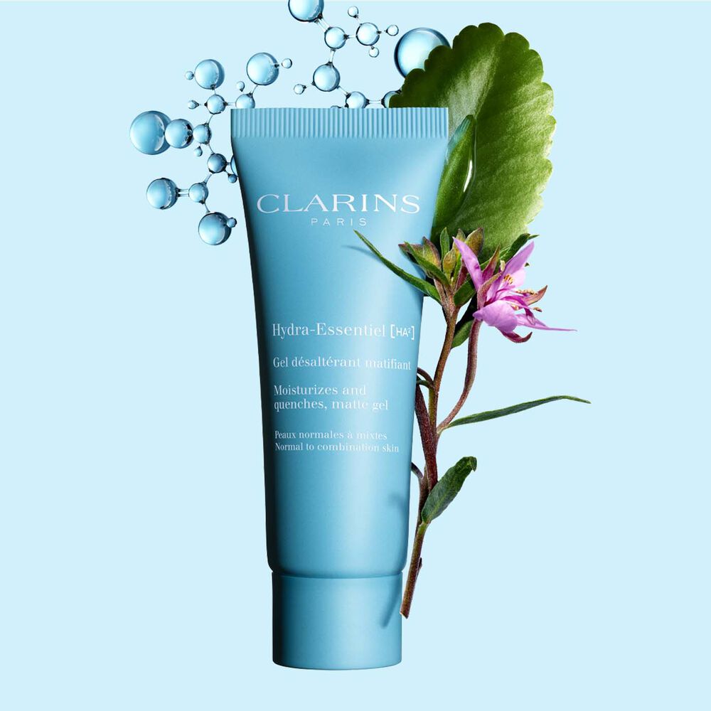 Image shows Clarins Hydra-Essentiel Matte Gel, a daytime face gel enriched with hyaluronic acid that hydrates and mattifies.