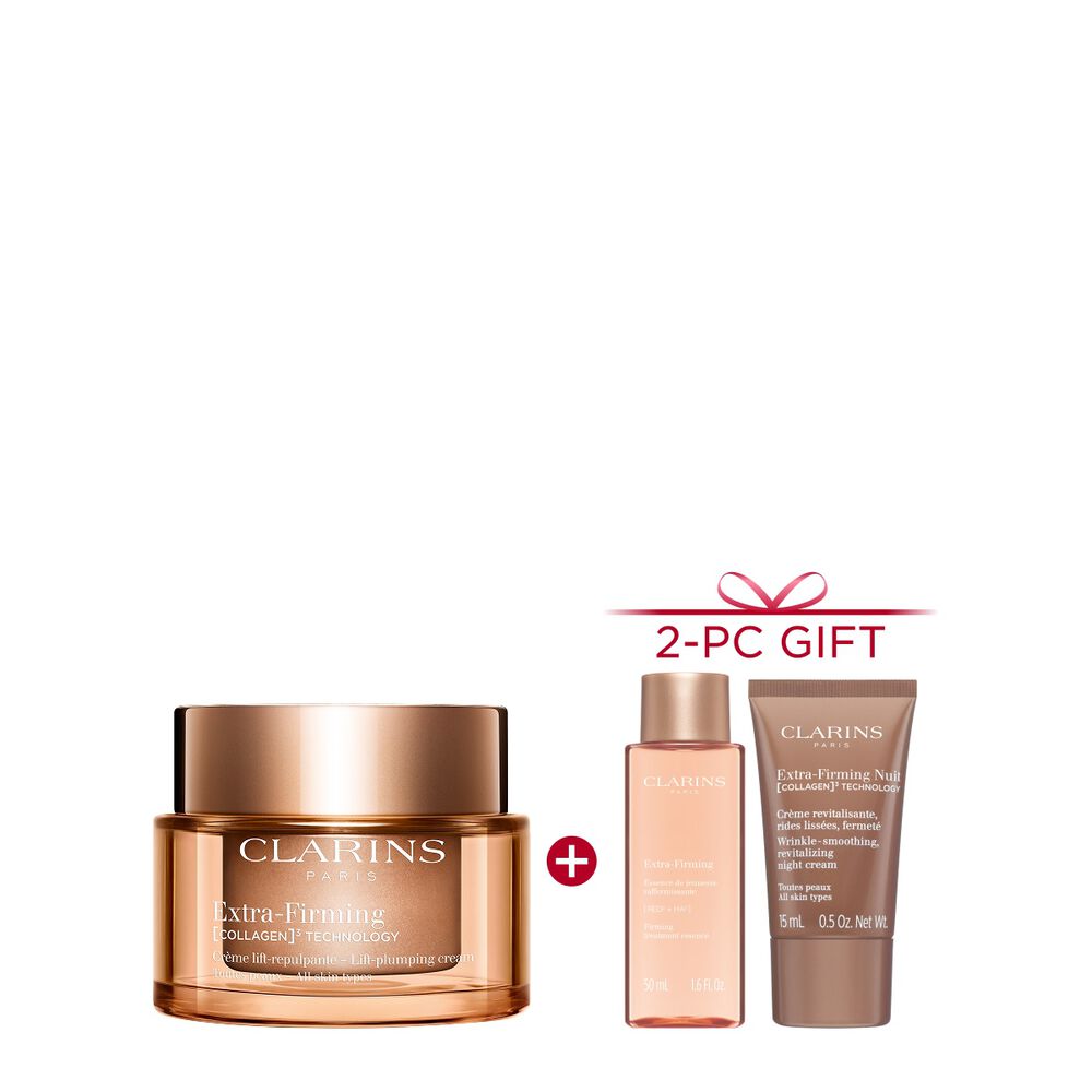 Packshot of Clarins Extra Firming  Cream for all skin types, alongside mitracarpus plant, pecan seed, and collagen molecule