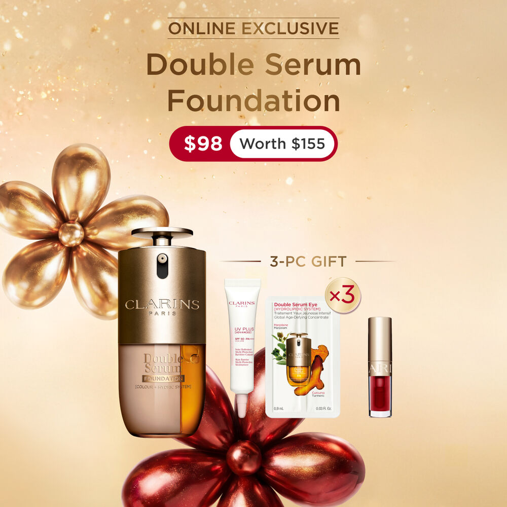 Packshot of Clarins Double Serum Foundation available for every skin tone, featuring key ingredients turmeric and papain
