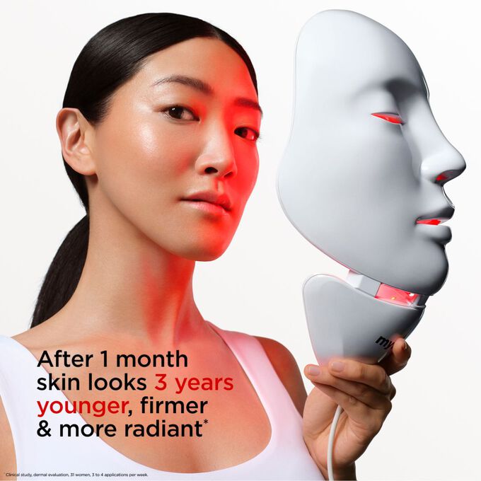Close-up on model holding myLEDmask2 for face and neck, claiming its benefits to make the skin looks younger, firmer and more radiant