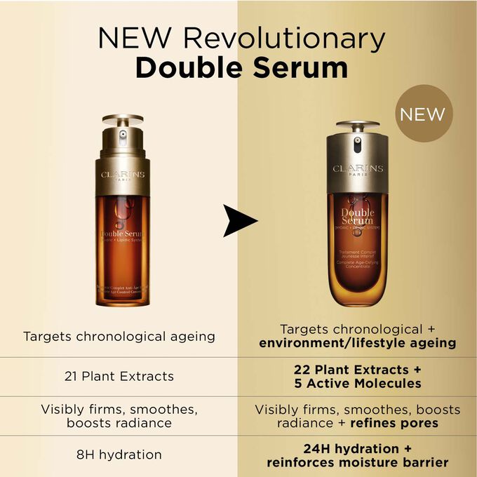 Evolution between old and new Double Serum in terms of skincare benefits.