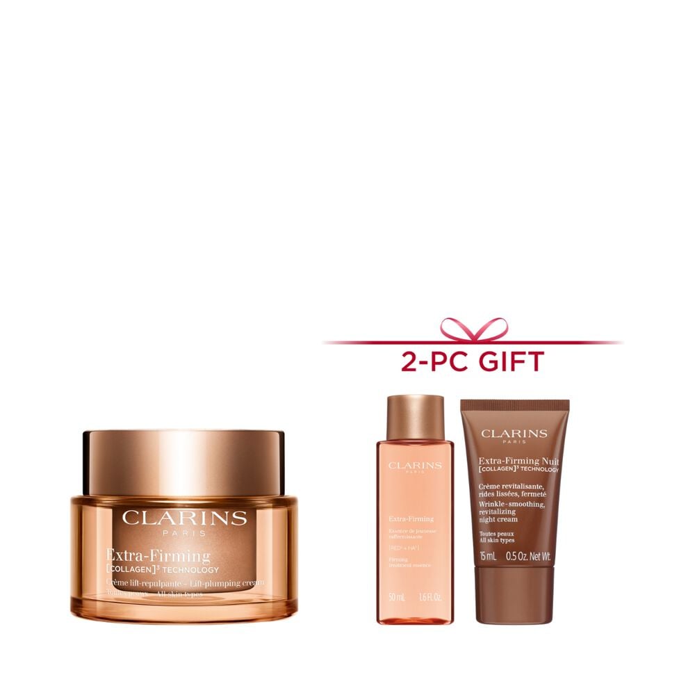 Packshot of Clarins Extra Firming  Cream for all skin types, alongside mitracarpus plant, pecan seed, and collagen molecule