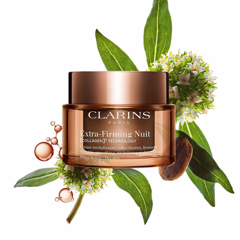 Packshot of Clarins Extra Firming Night Cream for dry skin, alongside mitracarpus plant, pecan seed, and collagen molecule