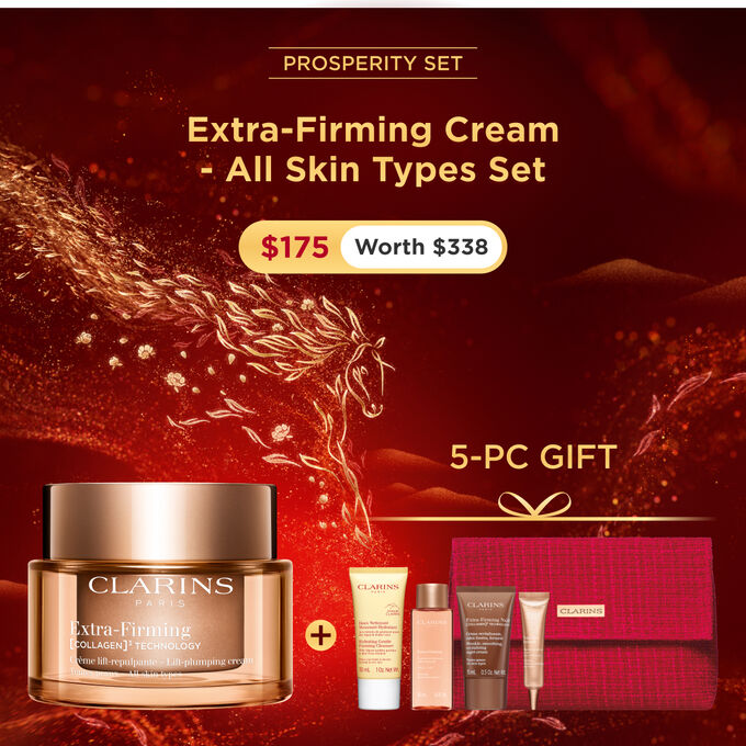 Packshot of Clarins Extra Firming  Cream for all skin types, alongside mitracarpus plant, pecan seed, and collagen molecule