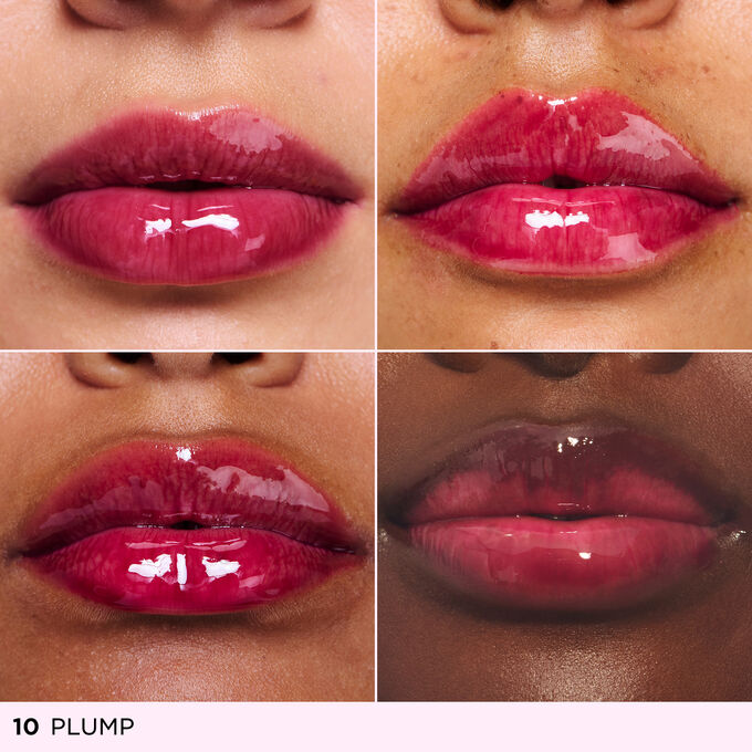 Before and after close-up of a woman&rsquo;s lips, showing the results after applying the dark purple ton lip oil