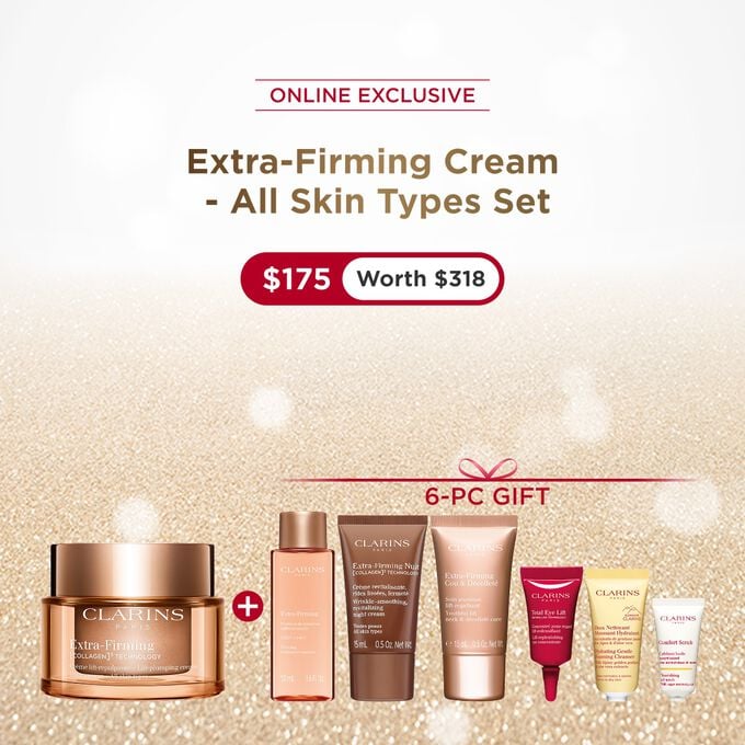 Packshot of Clarins Extra Firming  Cream for all skin types, alongside mitracarpus plant, pecan seed, and collagen molecule