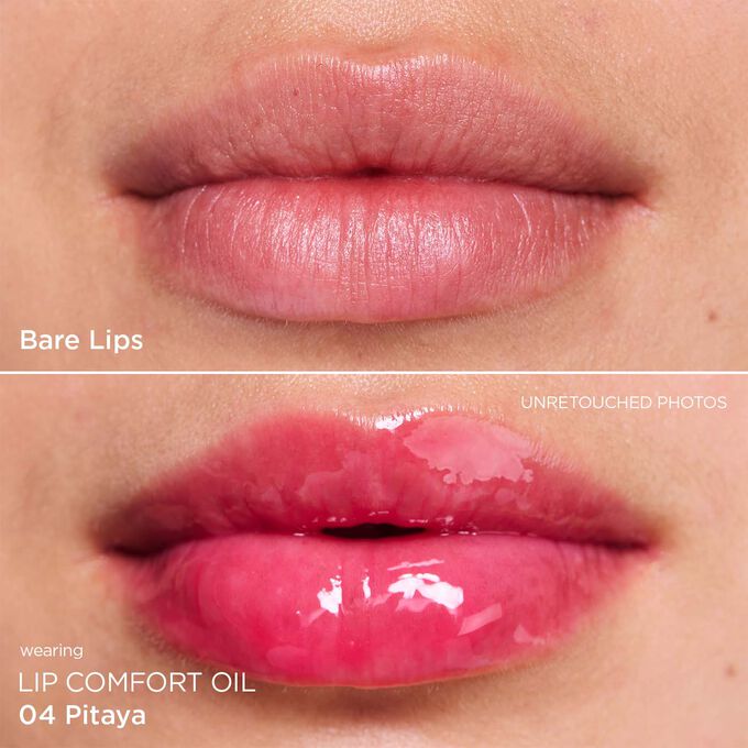 Before and after close-up of a woman’s lips, showing the results after applying the pink lip oil