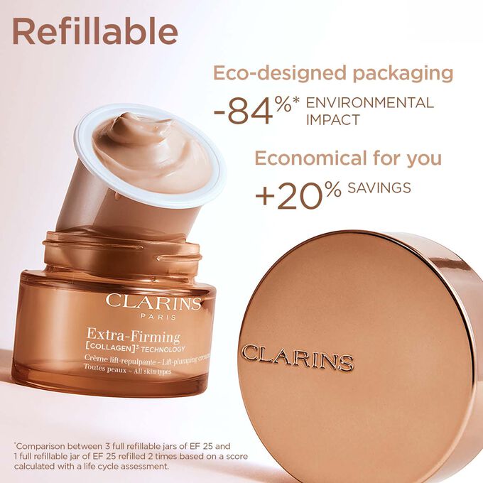 Focus on the Extra Firming Cream packaging to illustrate that refillable cream is a sustainable and economical option.