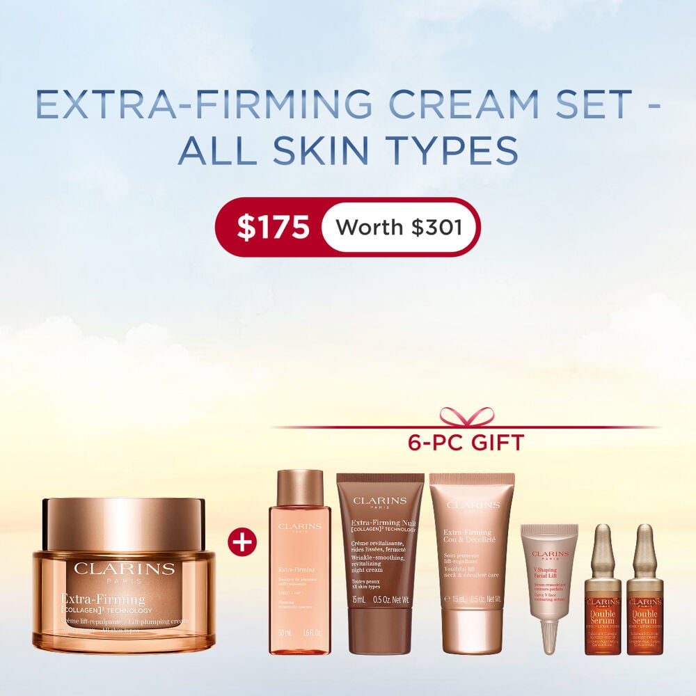 Packshot of Clarins Extra Firming  Cream for all skin types, alongside mitracarpus plant, pecan seed, and collagen molecule