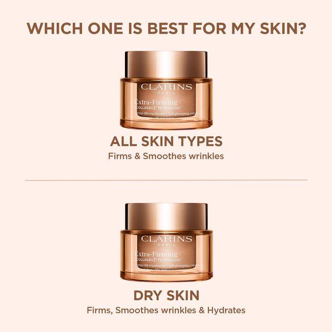 Packshot of two Extra Firming Creams: one for all skin types and one for dry skin, depending on your skin type.