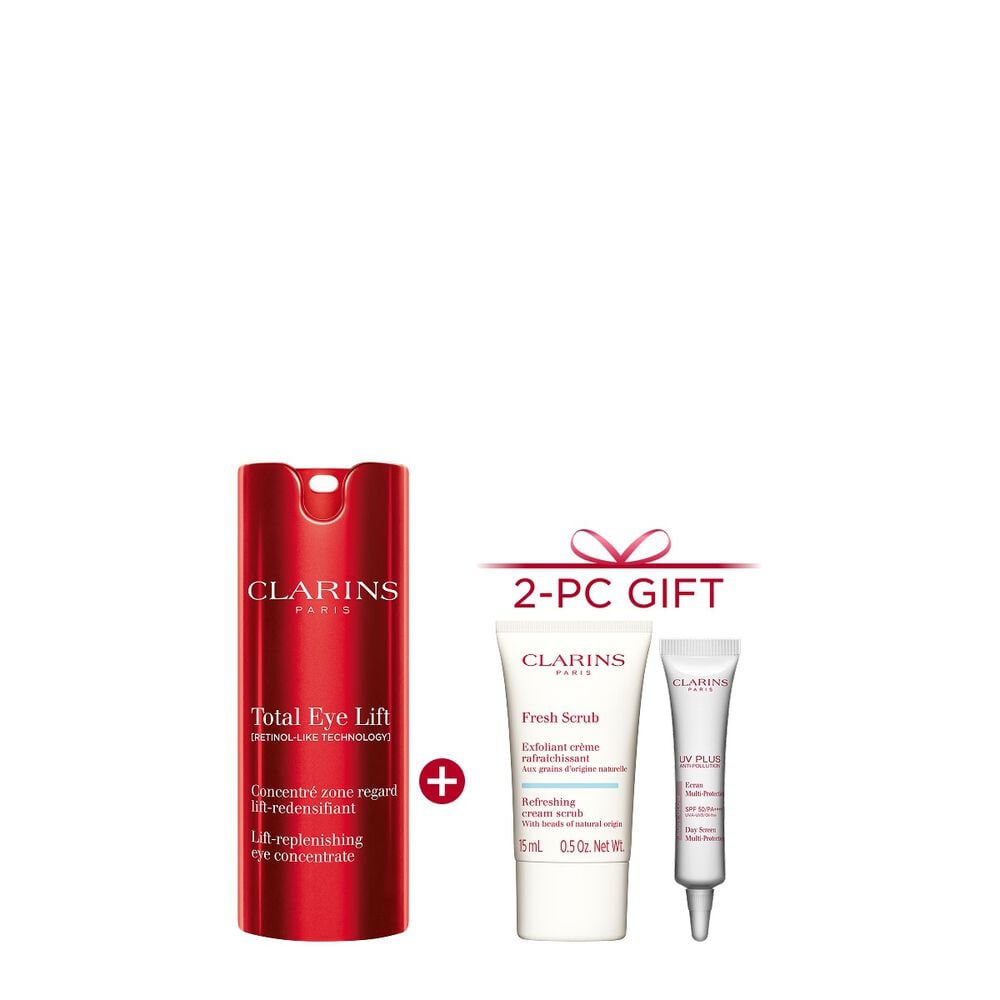 Packshot of Clarins Total Eye Lift anti-aging eye cream with harungana leaves on a dark red background.