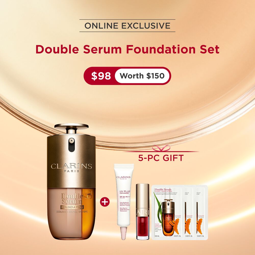 Packshot of Clarins Double Serum Foundation available for every skin tone, featuring key ingredients turmeric and papain