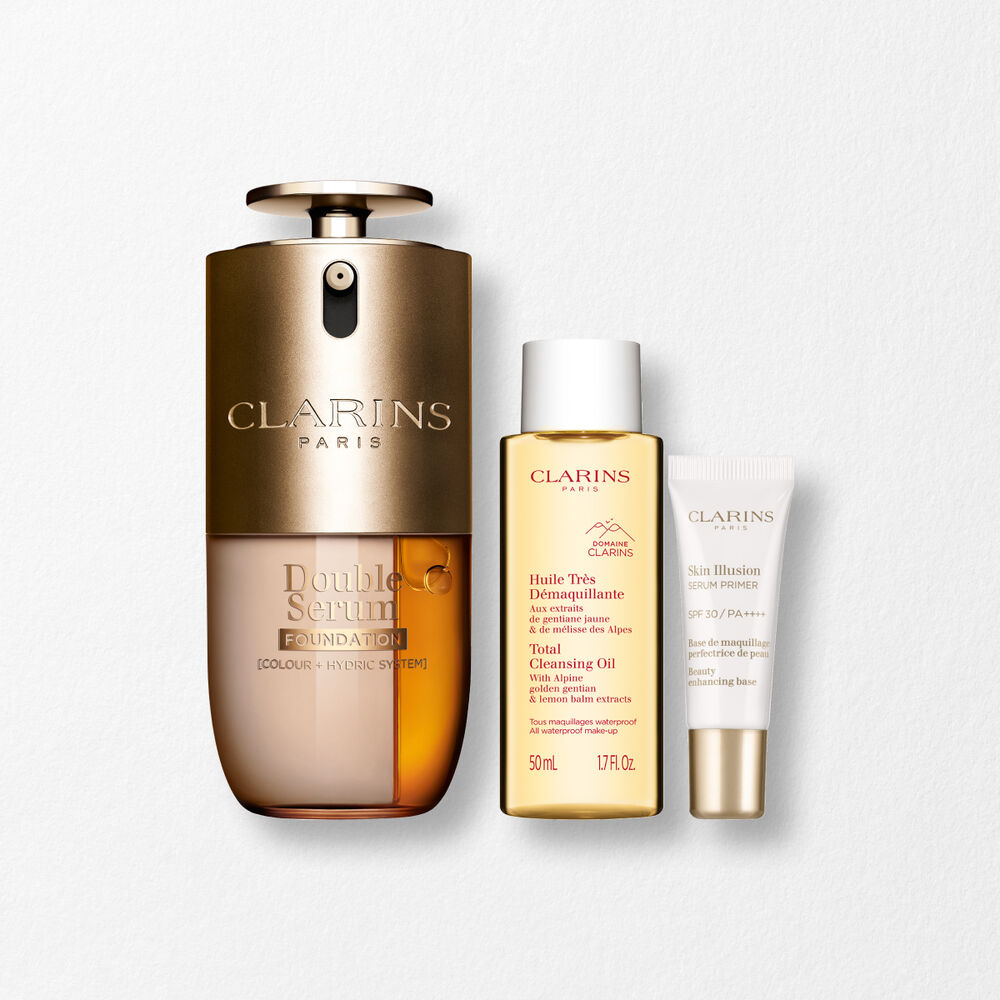 Packshot of Clarins Double Serum Foundation available for every skin tone, featuring key ingredients turmeric and papain