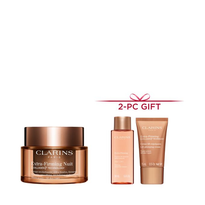 Packshot of Clarins Extra Firming Night Cream for all skin types, alongside mitracarpus plant, pecan seed, and collagen molecule