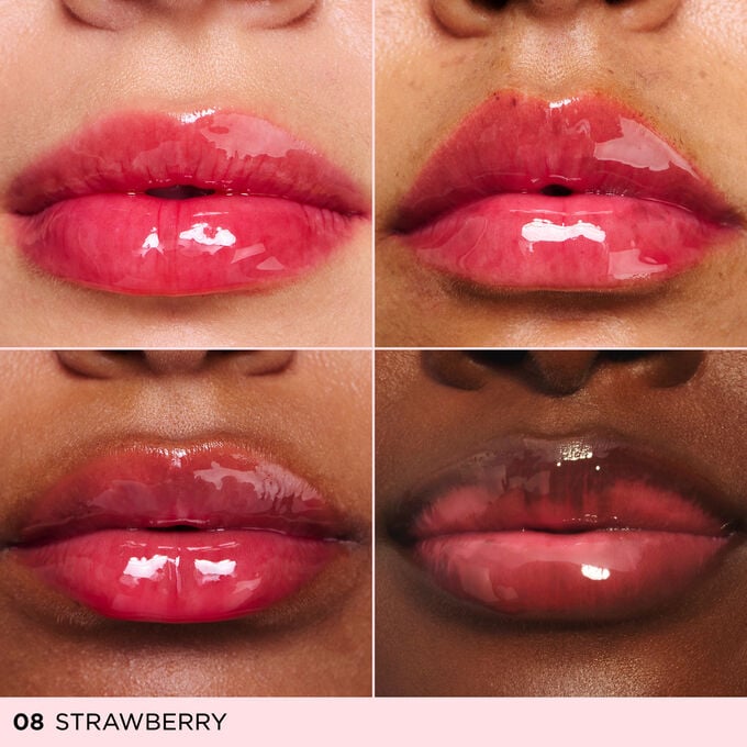 Before and after close-up of a woman&rsquo;s lips, showing the results after applying the dark pink ton lip oil
