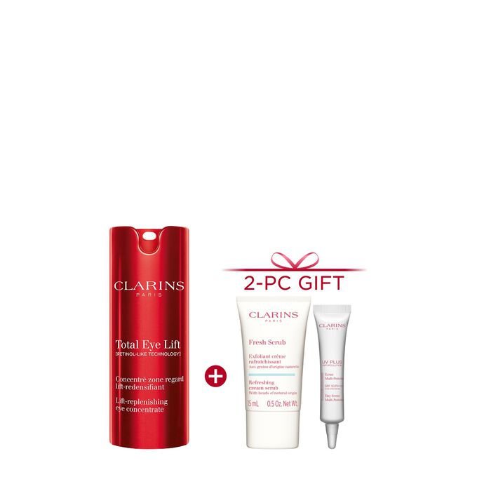 Packshot of Clarins Total Eye Lift anti-aging eye cream with harungana leaves on a dark red background.