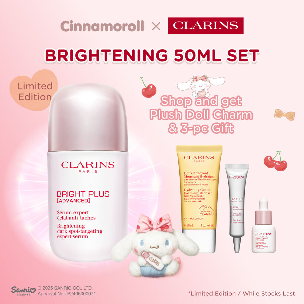 Packshot of Clarins Brightening Vitamin C-Derived Serum placed beside acerola fruits and a niacinamide molecule.