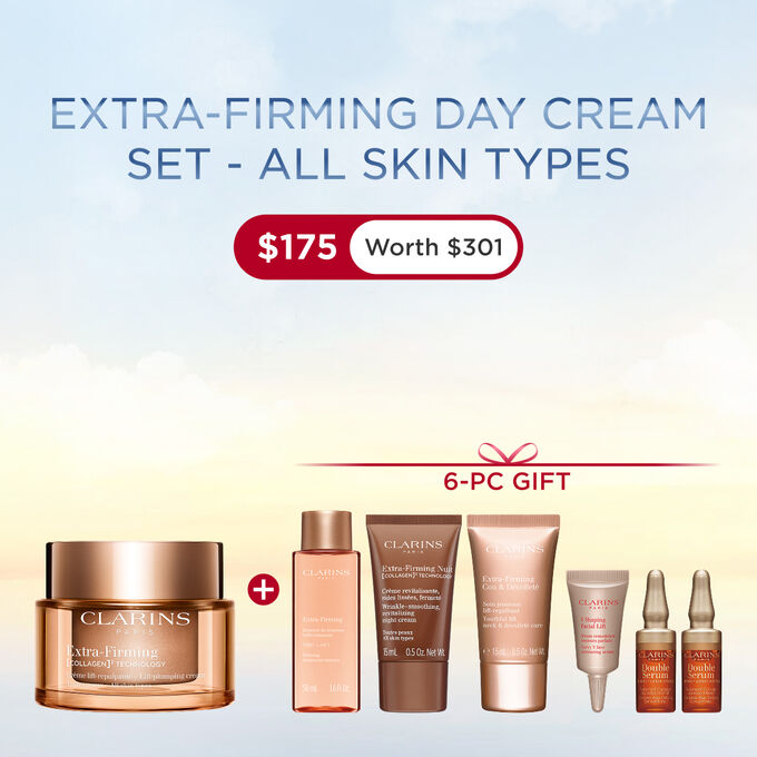Packshot of Clarins Extra Firming  Cream for all skin types, alongside mitracarpus plant, pecan seed, and collagen molecule