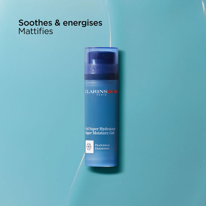 Packshot of Clarins Men Super Moisture Gel with text highlighting its nourishing, energising, and mattifying effects.