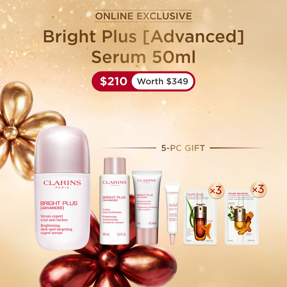 Packshot of Clarins Brightening Vitamin C-Derived Serum placed beside acerola fruits and a niacinamide molecule.