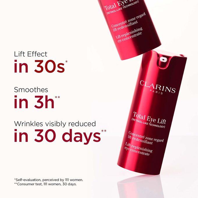 Packshot of Clarins Total Eye Lift with text highlighting its lift effect in 30s, smoothing in 3h, and wrinkle reduction in 30 days