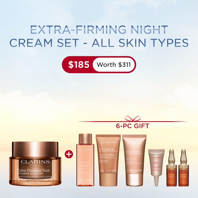 Packshot of Clarins Extra Firming Night Cream for all skin types, alongside mitracarpus plant, pecan seed, and collagen molecule