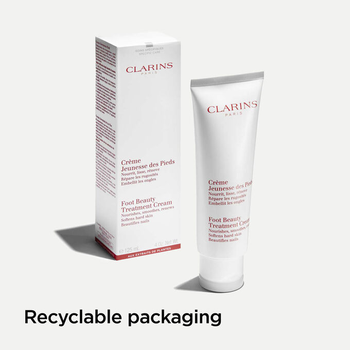 Tube of Clarins Foot Beauty Treatment Cream next to its packaging to illustrate the recyclable origin of the packaging.