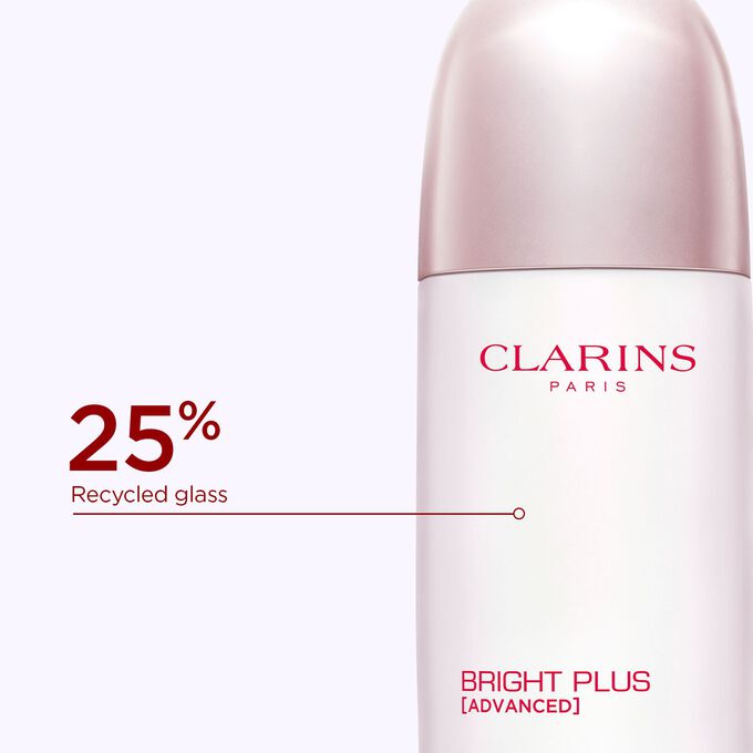 Close-up of the Bright Plus Serum-in-Lotion bottle top, highlighting that it is made from 25% recycled glass