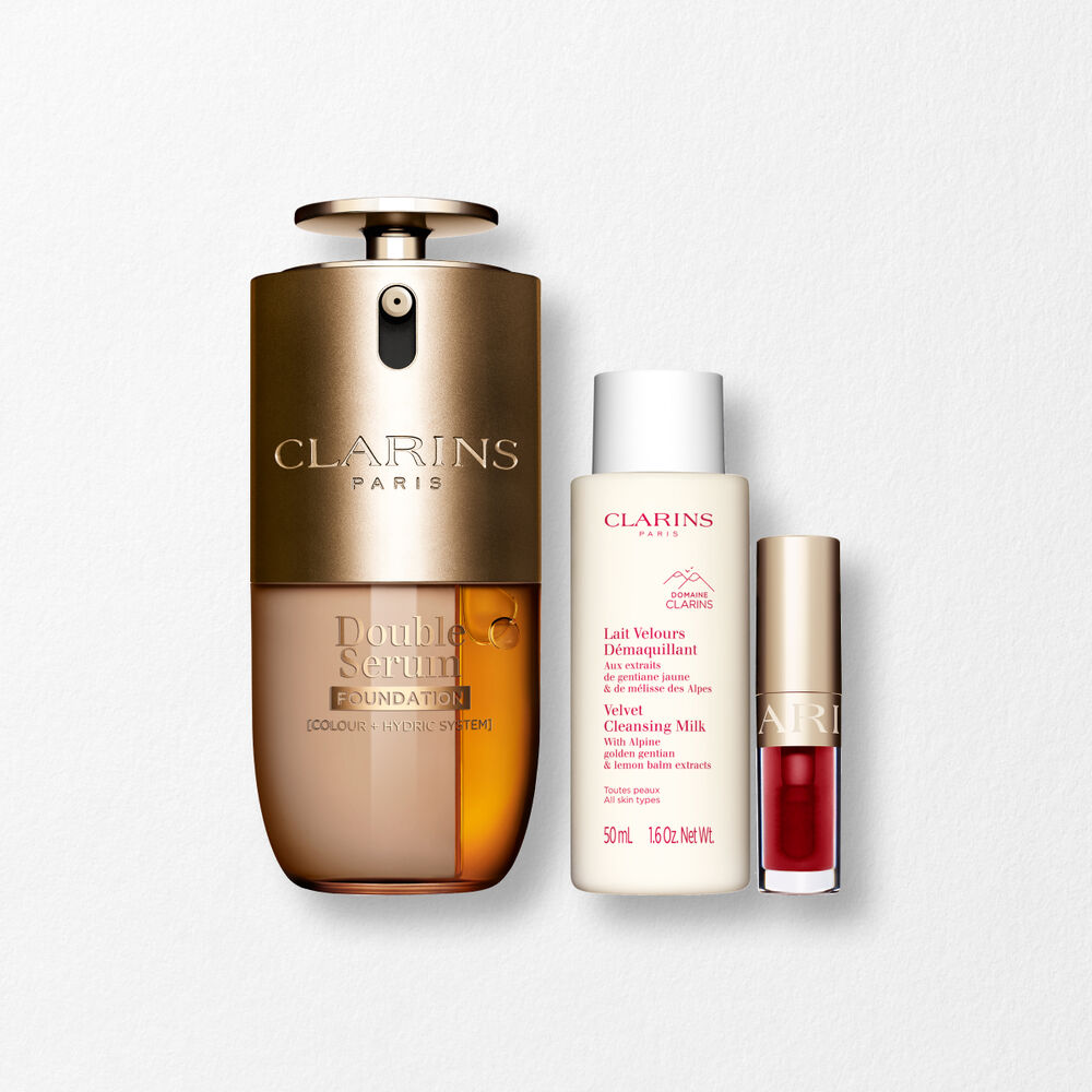 Packshot of Clarins Double Serum Foundation available for every skin tone, featuring key ingredients turmeric and papain