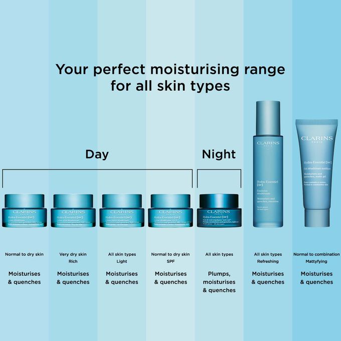 Packshot of Clarins Hydra-Essentiel range, a hydrating and nourishing collection for all skin types and specific needs.
