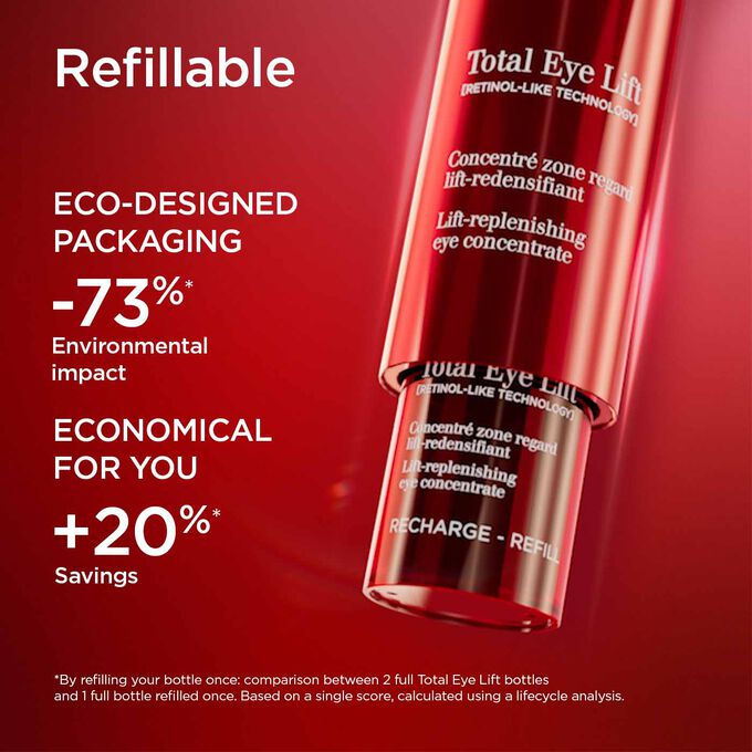 Close-up of Total Eye Lift packaging highlighting its eco refills format with 73% less environmental impact