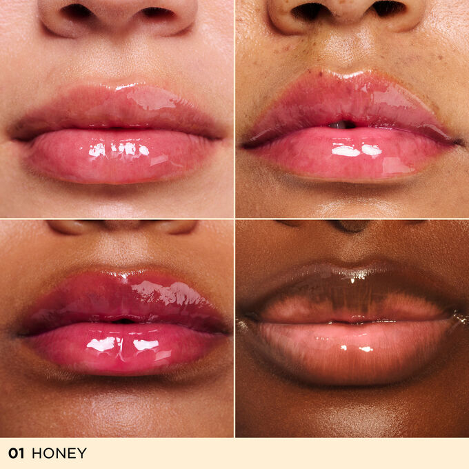 Before and after close-up of a woman&rsquo;s lips, showing the results after applying the orange lip oil