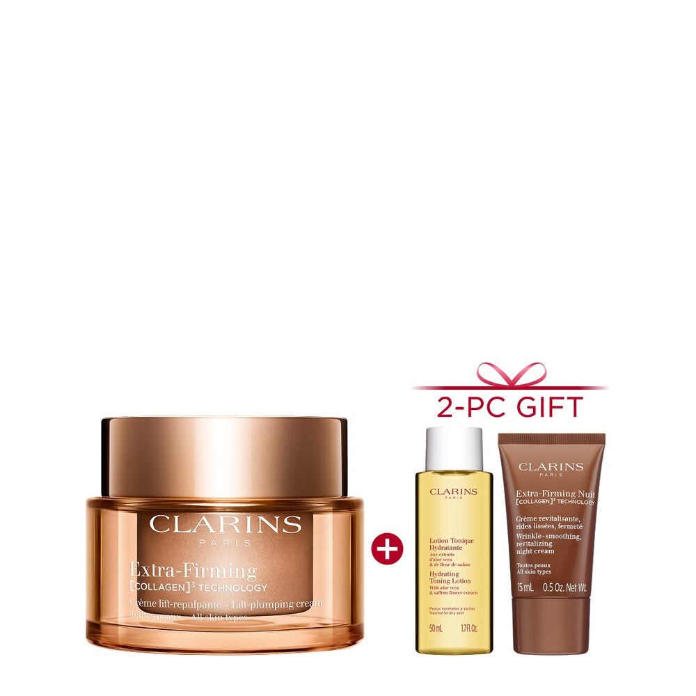 Packshot of Clarins Extra Firming  Cream for all skin types, alongside mitracarpus plant, pecan seed, and collagen molecule