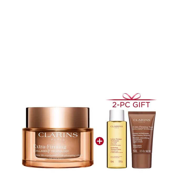 Packshot of Clarins Extra Firming  Cream for all skin types, alongside mitracarpus plant, pecan seed, and collagen molecule