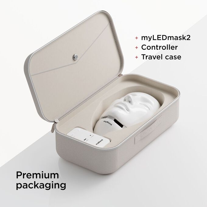 Close-up on myLEDmask2's premium packaging with its travel case and controller