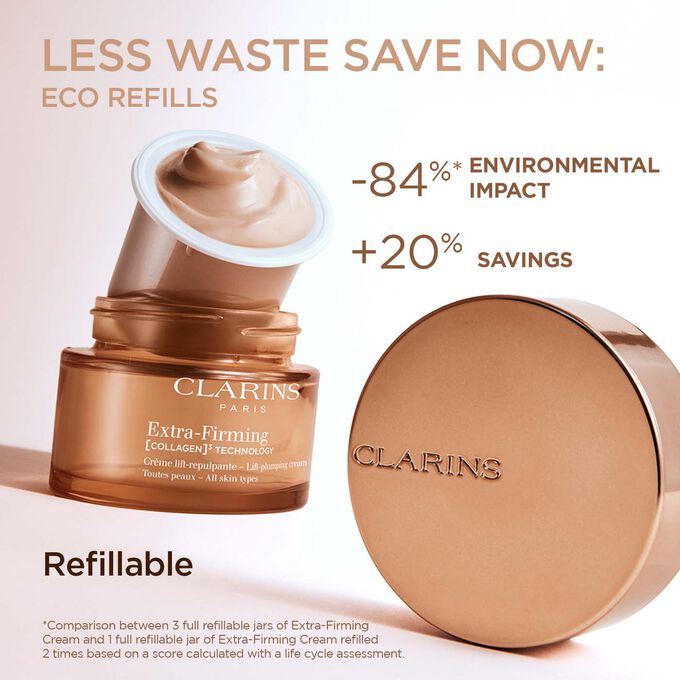 Focus on the Extra Firming Cream packaging to illustrate that refillable cream is a sustainable and economical option.