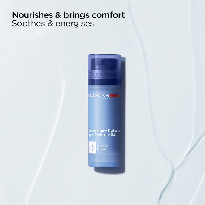 Packshot of Clarins Men Super Moisture Balm with text emphasising the product’s soothing and energising power.